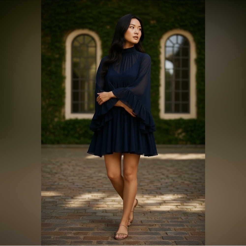 Commense Navy Ruffled Cape Two Piece Dress - Picture 2 of 8
